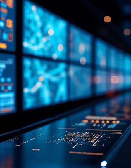 Centro de monitoramento operacional com telas de dados em tempo real
