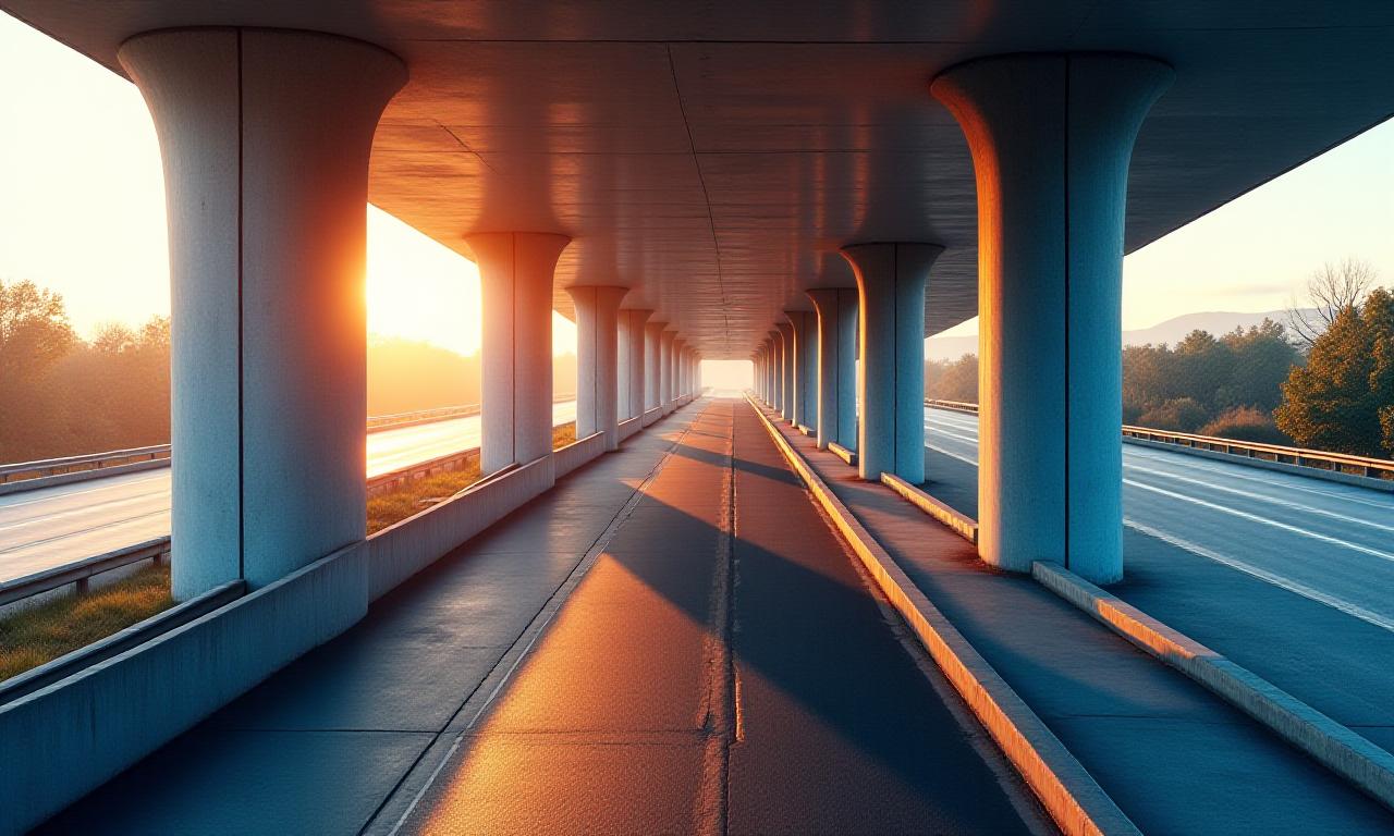 Vista aérea de uma praça de pedágio moderna com elementos cerâmicos