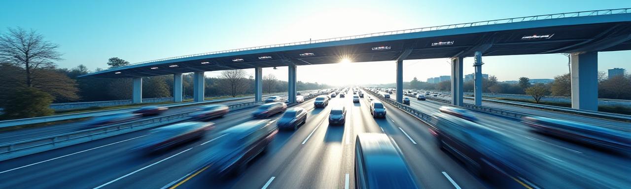 Visão aérea de uma rodovia moderna com tecnologia de pedágio eletrônico