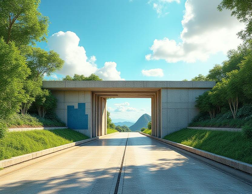 Renderização de uma praça de pedágio integrada à paisagem